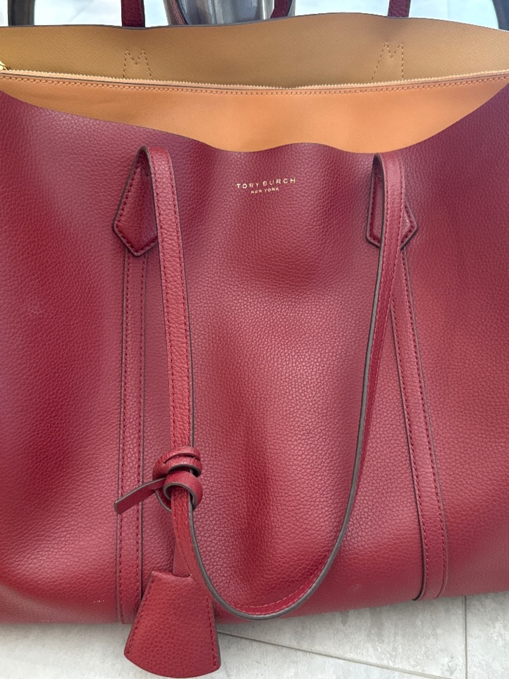 Tory Burch Red and Tan Leather Tote